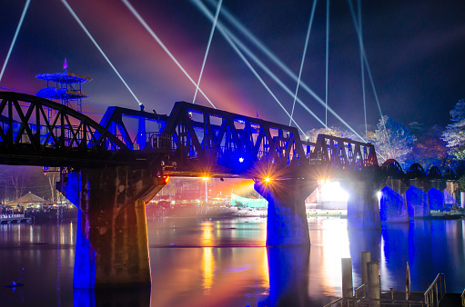 River Kwai railway bridge, Light and Sound Festival World War 2 in Kanchanaburi, Thailand