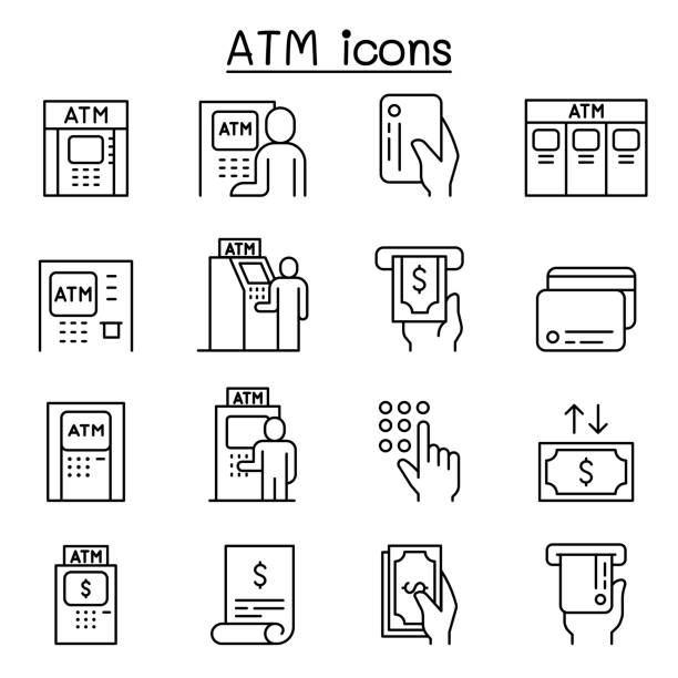 illustrations, cliparts, dessins animés et icônes de graphismes atm réglés dans le modèle mince de ligne - distributeur automatique