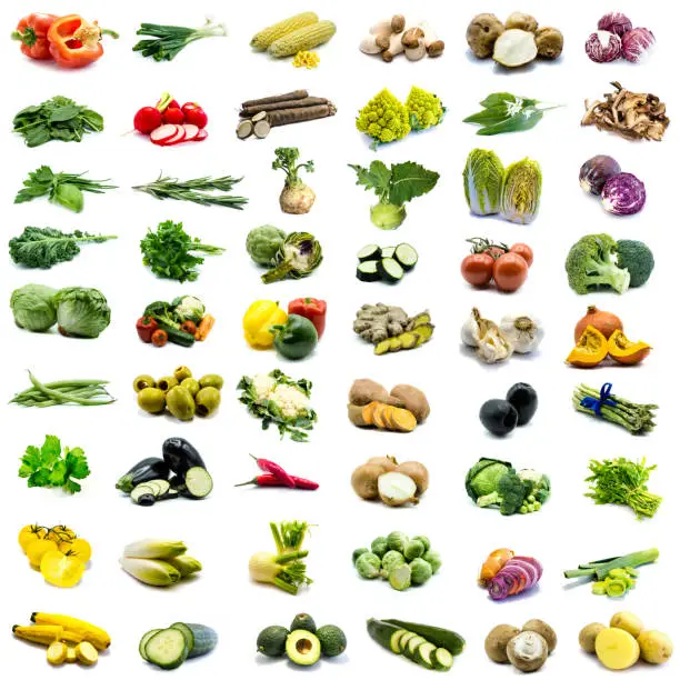 Photo of Different types of vegetables in collage isolated on white background