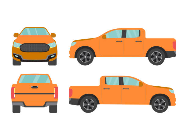istock Set of orange pickup truck car view on white background,illustration vector,Side, front, back 1195375576