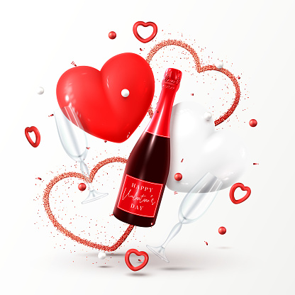 Happy Valentine's Day greeting card. Vector illustration with champagne bottle, glasses, gift box, air balloons and red hearts on white background. Holiday gift card.