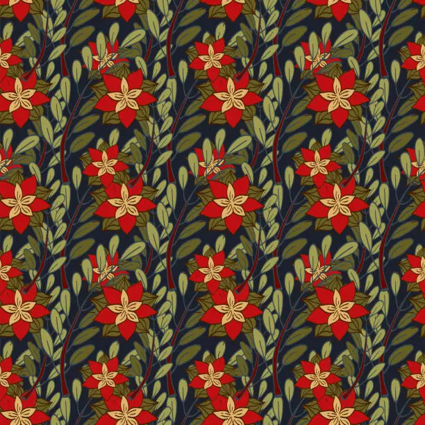 Vector illustration of Christmas New Year pattern. Christmas star, mistletoe, Christmas tree, green twig. Vector seamless pattern on a dark background.