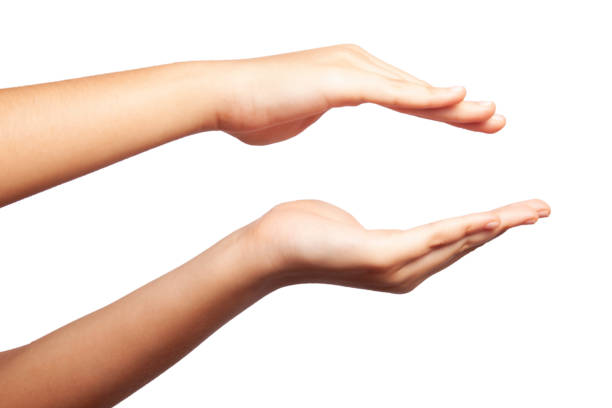 istock Womens hand pointing hand on white background 1195387760