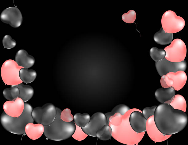 ilustrações de stock, clip art, desenhos animados e ícones de frame of pink and grey hearts balloons on black background. - 16710