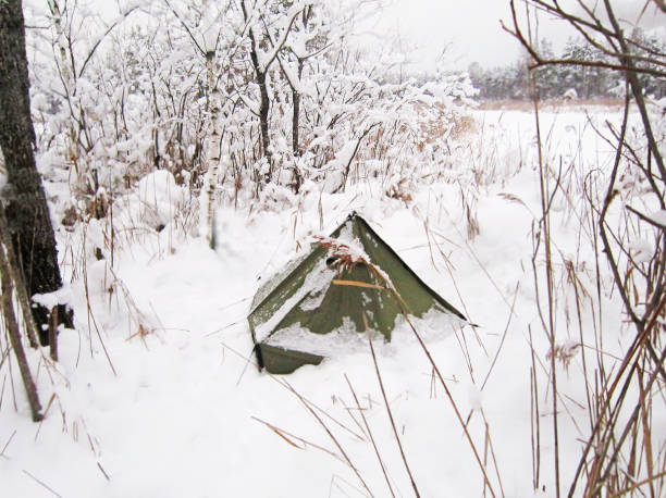 istock Snow-covered tent in the woods. 1195392793