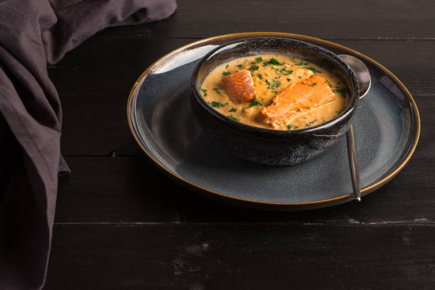 istock Salmon creame soupe in bowl 1195392891