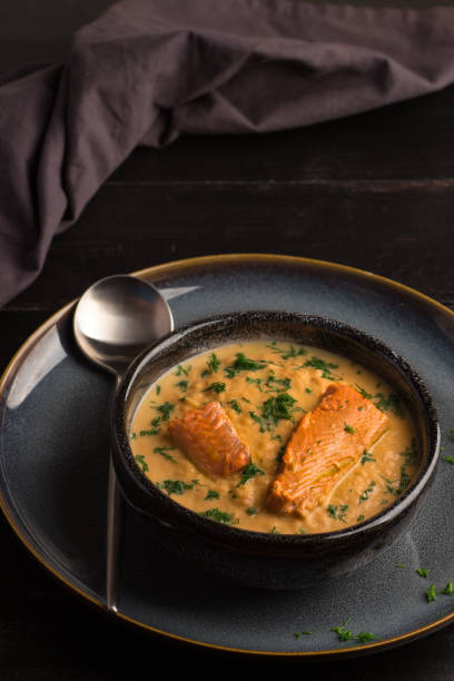 istock Salmon creame soupe in bowl 1195392908