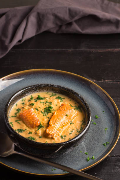 istock Salmon creame soupe in bowl 1195392912