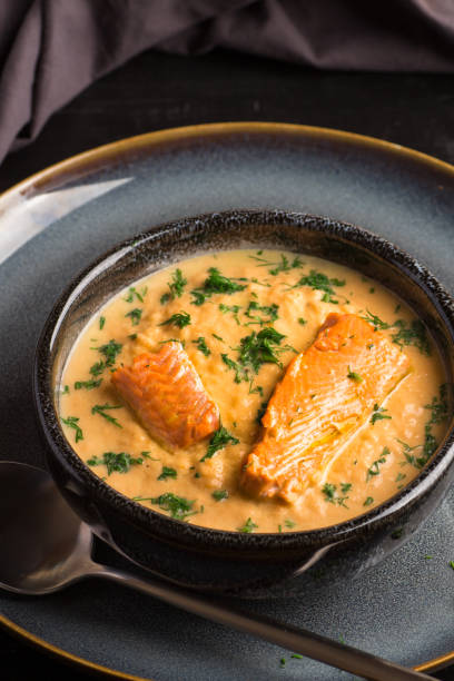 istock Salmon creame soupe in bowl 1195392925
