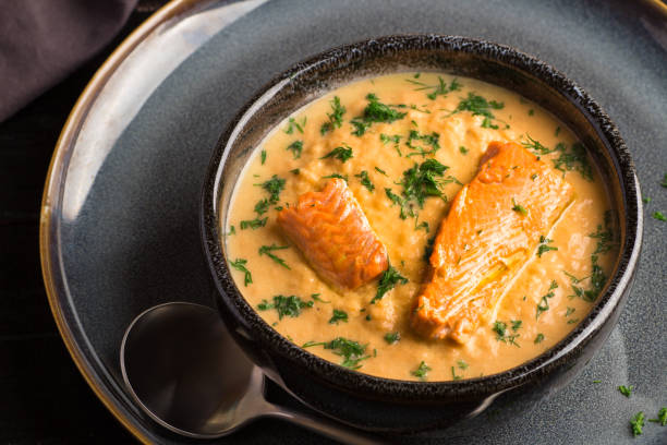 istock Salmon creame soupe in bowl 1195392931
