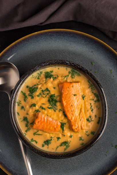 istock Salmon creame soupe in bowl 1195393496