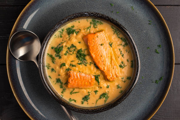 istock Salmon creame soupe in bowl 1195393519