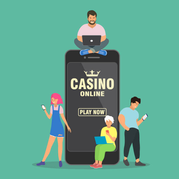 online-casino-konzept. die leute sind in der nähe eines großen smartphones und spielen online-casino. - cards poker gambling chip dice stock-grafiken, -clipart, -cartoons und -symbole