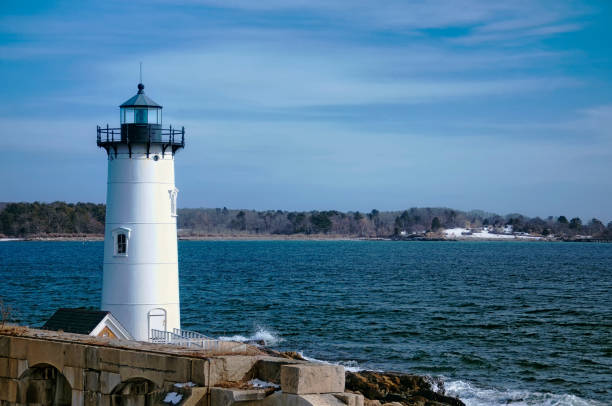 Portsmouth Harbor Lighthouse winter scene stock photo