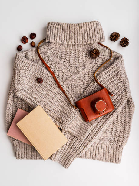 istock A warm wool sweater and an old camera in a leather case. Books, cones and chestnuts 1195396774