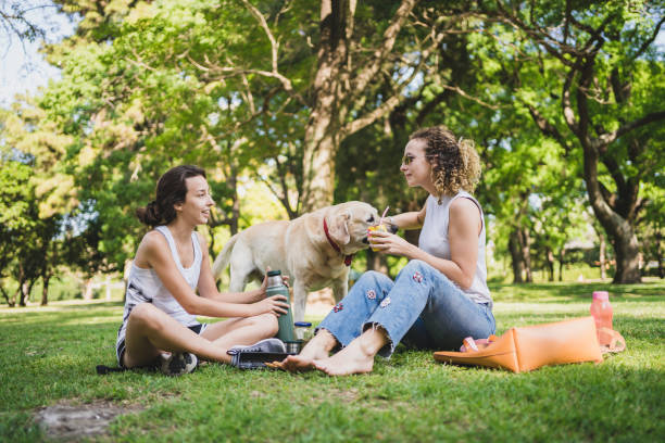 istock Young women relaxing at public park with dog 1195400202