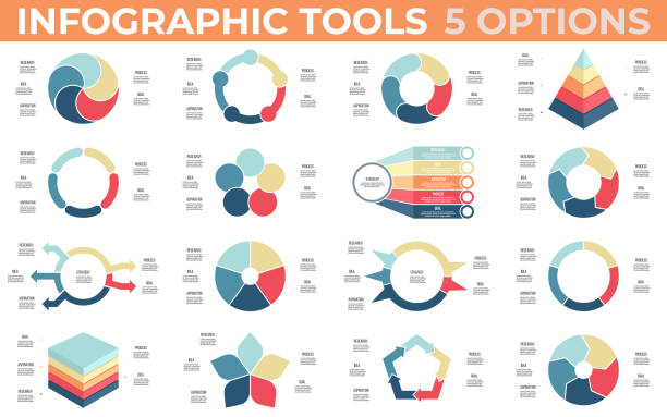 business infografik-elemente. vektordiagramme, diagramme, diagramme, datenvisualisierungsvorlagen mit 5 schritten, optionen, prozessen. - pyramide sammlung stock-grafiken, -clipart, -cartoons und -symbole