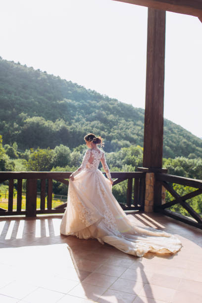 istock The bride in a magnificent, white, wedding dress with a long train. 1195406535