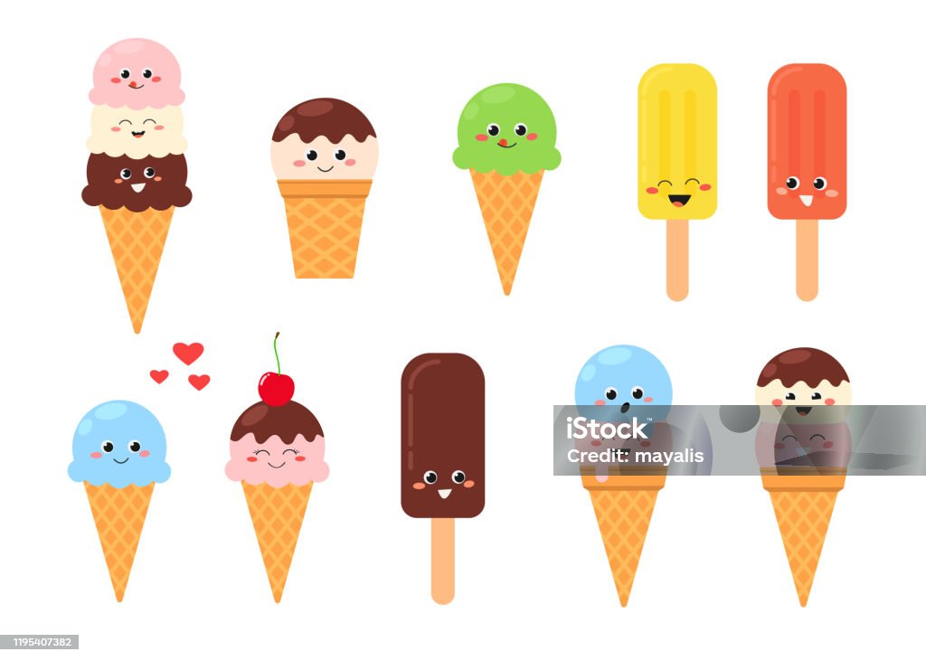 Set Of Cute Cartoon Ice Cream Characters Stock Illustration - Download  Image Now - Ice Cream, Ice Cream Cone, Flavored Ice - iStock