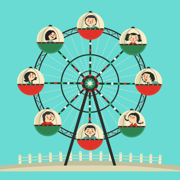 счастливые дети ездить на колесе обозрения плоский вектор цвета - carnival park clip art wheel stock illustrations
