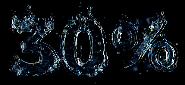 30 percent off discount symbol water splash 3D render isolated on black background