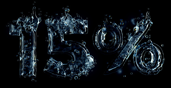 15 percent off discount symbol water splash 3D render isolated on black background