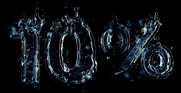 10 percent off discount symbol water splash 3D render isolated on black background