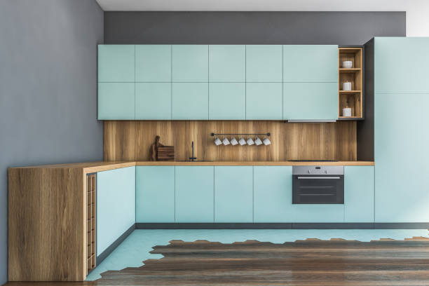 istock Blue and gray kitchen with countertops 1195415121