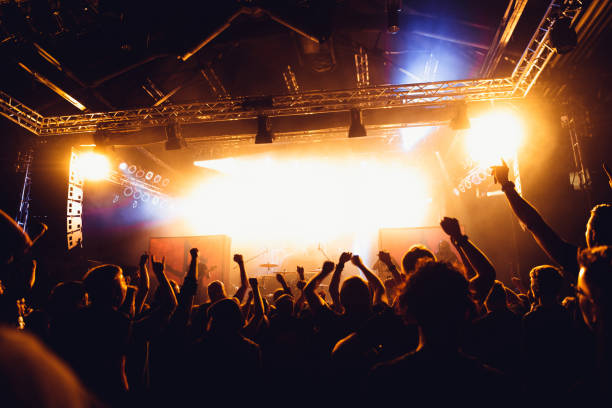 cheering crowd of unrecognized people at a rock music concert. concert crowd in front of bright stage lights and smoke. Concert audience at music concert. stock photo