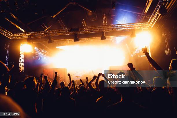 Cheering Crowd Of Unrecognized People At A Rock Music Concert Concert Crowd In Front Of Bright Stage Lights And Smoke Concert Audience At Music Concert Stock Photo - Download Image Now