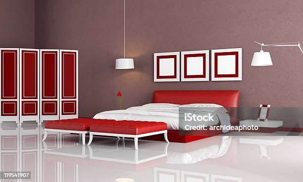 Quarto Moderno Vermelho - Fotografias de stock e mais imagens de Apartamento - Apartamento, Banquinho para Apoiar os Pés, Branco