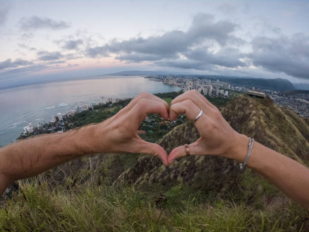 istock Close up on hands making heart shape frame on Honolulu, Hawaii 1195419478