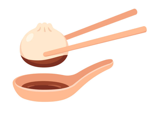 Asian dumplings with dipping sauce Steamed Asian dumpling with chopsticks and dipping sauce in a dish. Traditional Chinese and Japanese food vector clip art. cantonese cuisine stock illustrations