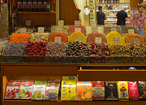 Istanbul, Turkey - September 6th 2019. A display of teas and spices outside a shop in the historic Egyptian Spice Bazaar in Eminonu, Fatih, Istanbul, also known as Misir Carsisi