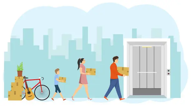 Vector illustration of A happy, large family moving to a new home. Dad, mom and little son carry boxes with things in the elevator. The acquisition of new housing. Relocation. Vector illustration. Vector.