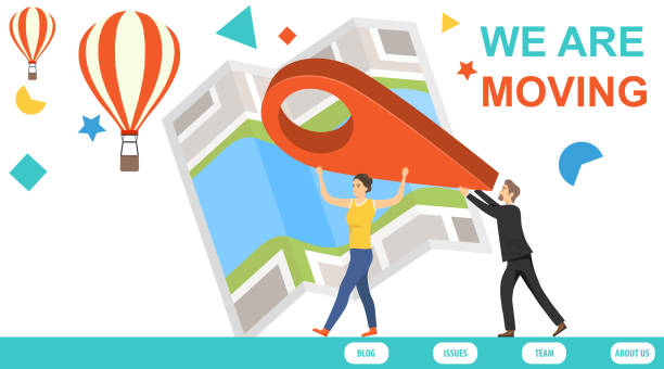 illustrazioni stock, clip art, cartoni animati e icone di tendenza di spostamento di un sito web. ci siamo trasferiti. un uomo d'affari e una donna portano un marchio di posizione sulle loro mani. concetto di ricollocazione dell'ufficio. illustrazione vettoriale. vettore. - cambiare-ufficio