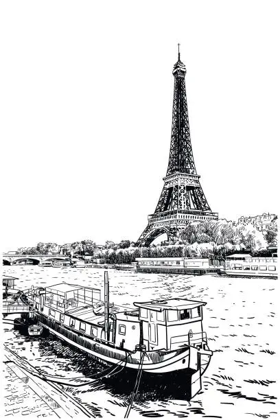Vector illustration of Vector drawing of Eiffel Tower seen across Seine River
