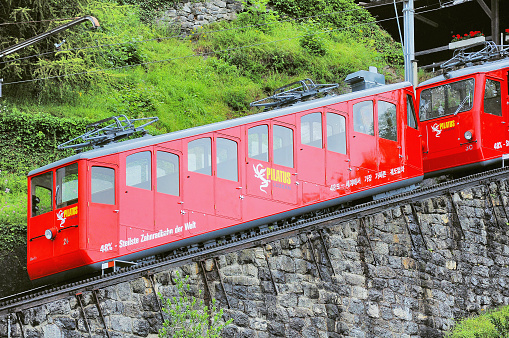 Alpnachstad, Switzerland - July 02, 2012: Train stands at lower station of funicular railway to Pilatus mountain.