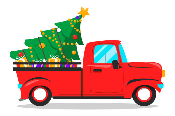 istock Red christmas truck and tree with gifts inside 1195423412