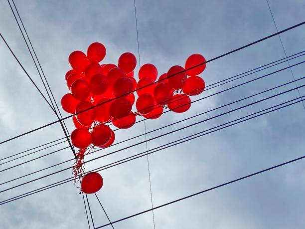 istock Red balloons on power wires 1195425007