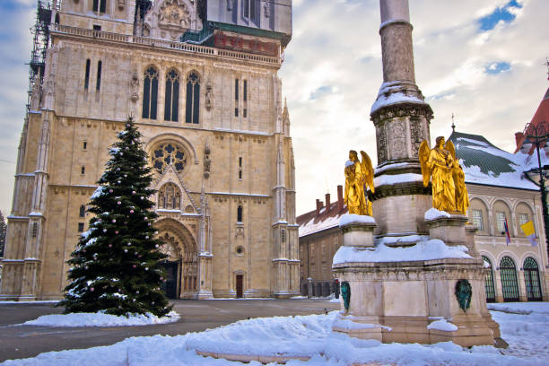 Zagreb cathedral and Kaptol square snow view, capital of Croatia