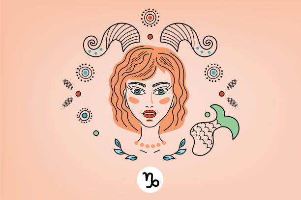 Vector Illustration of zodiac signs constellations Capricorn, logo, tattoo. Girl or woman with horns and a fish tail, fantasy ornament in fairy tail style. Vector Illustration of zodiac signs constellations Capricorn, logo, tattoo. female scorpio tattoos stock illustrations