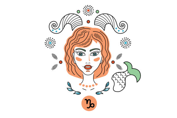 Vector Illustration of zodiac signs constellations Capricorn, logo, tattoo. Girl or woman with horns and a fish tail, fantasy ornament in fairy tail style. Vector Illustration of zodiac signs constellations Capricorn, logo, tattoo. female scorpio tattoos stock illustrations