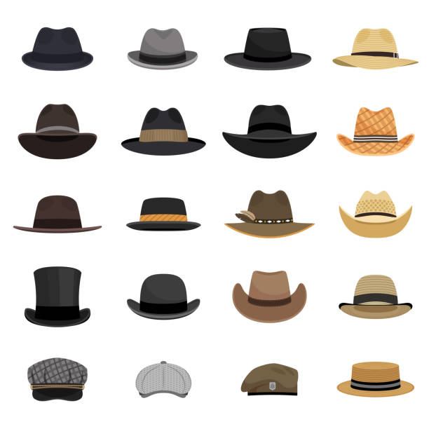 Different male hats Different male hats. Fashion and vintage man hat collection vector image, derby and bowler, cowboy and peaked cap, tyrolean and summer straw hat, military beret beret stock illustrations