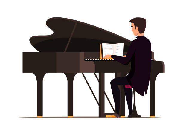 mann spielt flügel flache vektor-illustration - piano key piano musical instrument music stock-grafiken, -clipart, -cartoons und -symbole