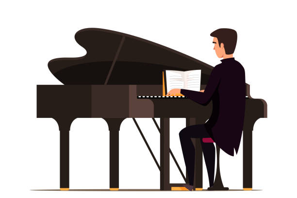 ilustraciones, imágenes clip art, dibujos animados e iconos de stock de hombre tocando el piano de cola ilustración vectorial plana - pianist grand piano piano playing
