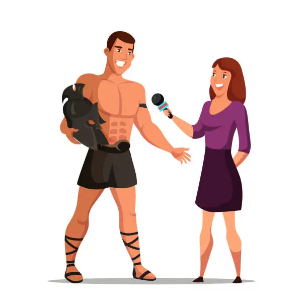 Vector illustration of Woman reporter interviewing romans warrior actor