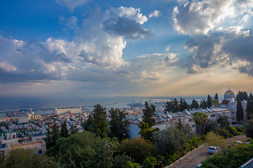Aerial view on Haifa and  major port at Israel state. And  Dome of Bahai Religion(Bahai GARDENS)