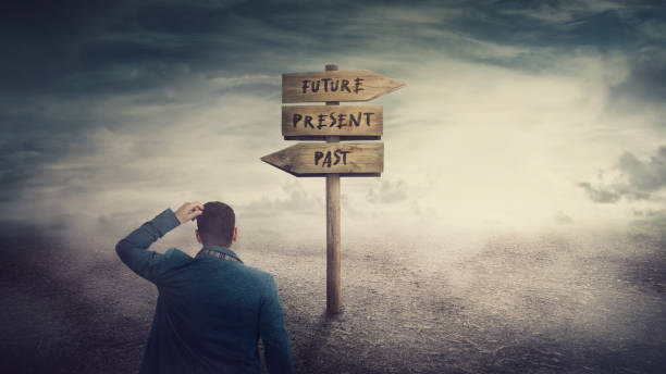 istock Surreal scene, businessman and a signpost arrows showing three different options, past, present and future course. Choose journey direction, time travel concept. Destiny evolution, important choice. 1195433471