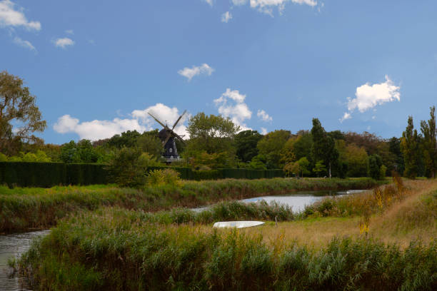 MALMO, SWEDEN - 12 September 2019: Traditional old wind mill in the park of Malmo town, Sweden
